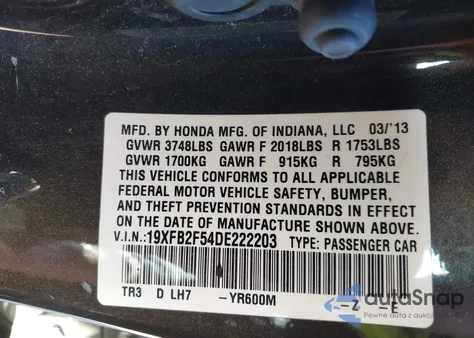 2013 Honda Civic Lx z USA, uszkodzony, nr VIN 19XFB2F54DE222203